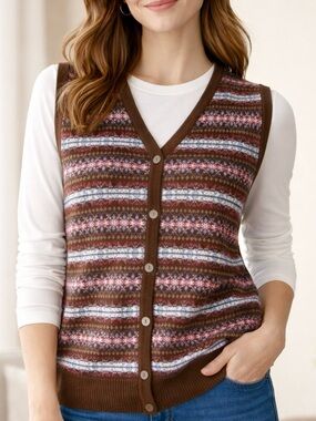 NEW Size L Liz Claiborne Liz Sport Brown Multi Cotton Knit Patterned Golf Vest